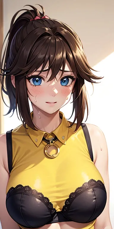  1 female, high definition,High resolution,  ultra-realistic  ,8K,bbmazaki ,  ponytail ,  hair cap, blue eyes,(( yellow shirt)), collar,  Sleeveless , bracelet, black underwear,European,sexy, Close-up of the upper body,  photographed from the front , Dynam...