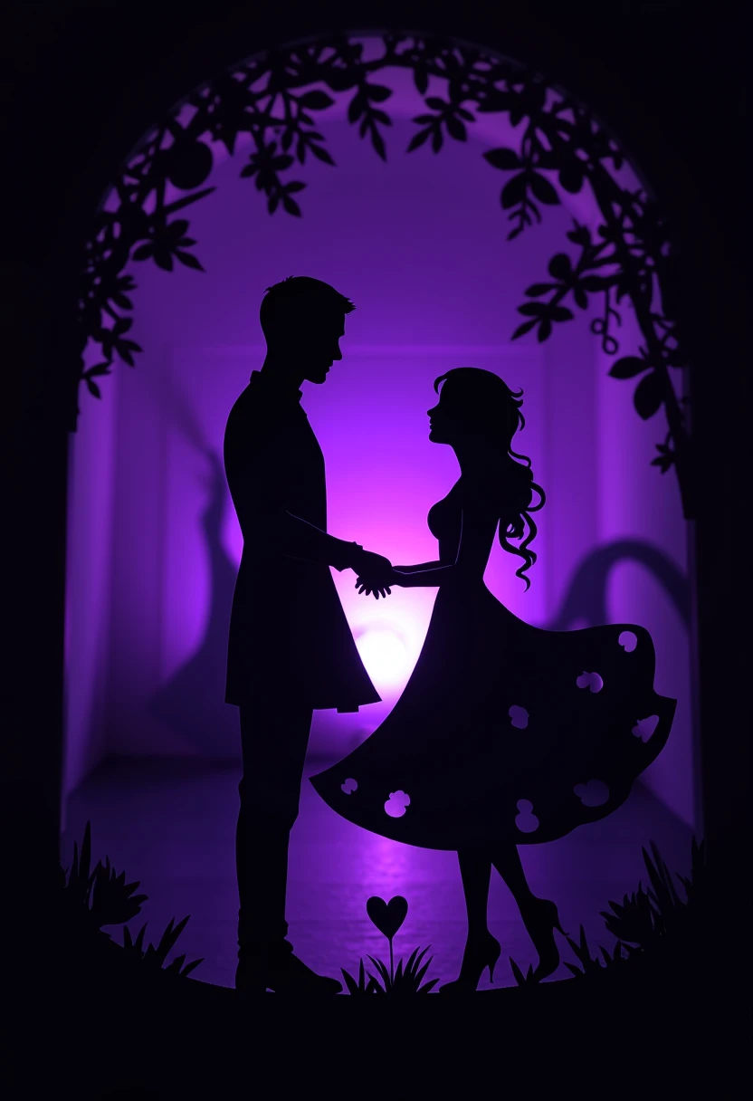 cutouts and shadow puppets on a black backing, depicting love between man and woman, and the light of a fluorescent purple lantern.