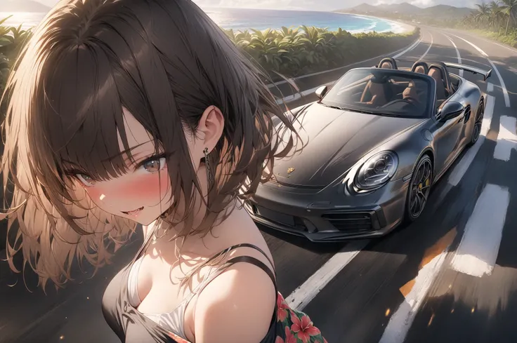 (masterpiece, detailed:1.2), One Girl, (18-years old), brown long Bob Cut, Medium Breasts, off shoulder,BREAK, Highest quality, on a Hawaiian road, BREAK, standing, "Porsche 911 spider", 