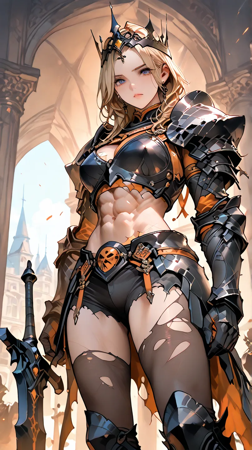 , BLONDE WOMAN, black armor, Black pointed tiara crown, black sword with orange foil, bright orange details on the armor, abs outside, visible abdomen, exposed abs, short shorts, ripped black tights