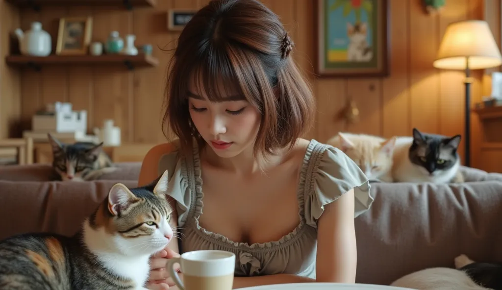 a concept cafe, home-like interior, wooden rustic atmosphere, in the afternoon, cute and vivid decorations on the walls, an elegant young adult lady, wearing cafe staff uniform, leaning forward a little and bowing down, many cats are relaxing on the couch ...