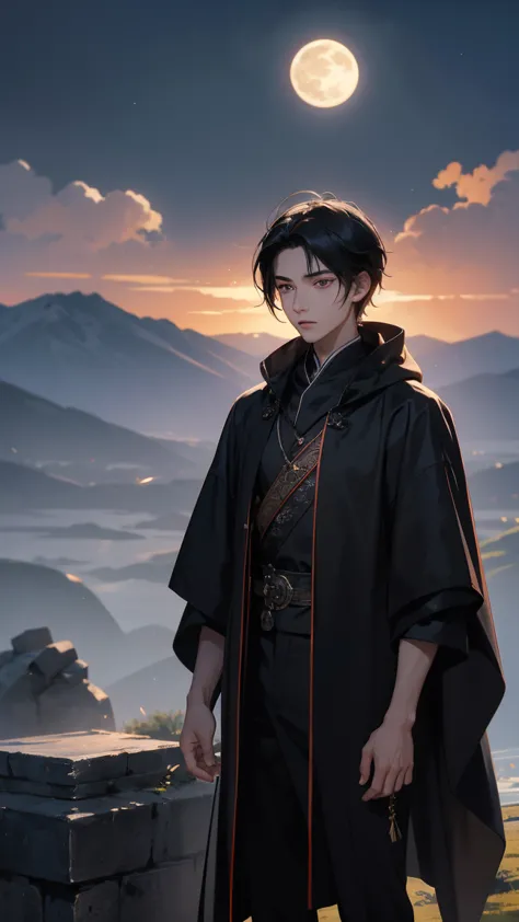 Create an image of a young male, 20 years old, chinese. He is a handsome, determined young man with short, black hair and sharp, intense eyes. He wears a worn, simple outfit of a traveler with a long, dark cloak, his expression is focused and resolute, as ...