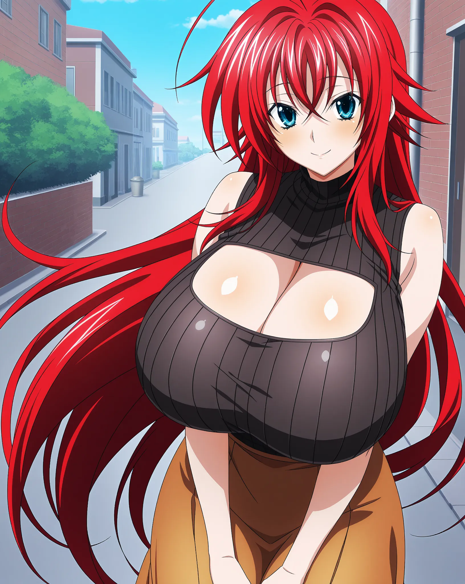 score_9, score_8_up, score_7_up, source_anime, anime coloring, anime screencap, 1girl, solo, Rias Gremory (High School DxD), red hair, long hair, hair between eyes, ahoge, blue eyes, loving smile, white beautiful skin, gigantic breasts, cleavage, standing,...