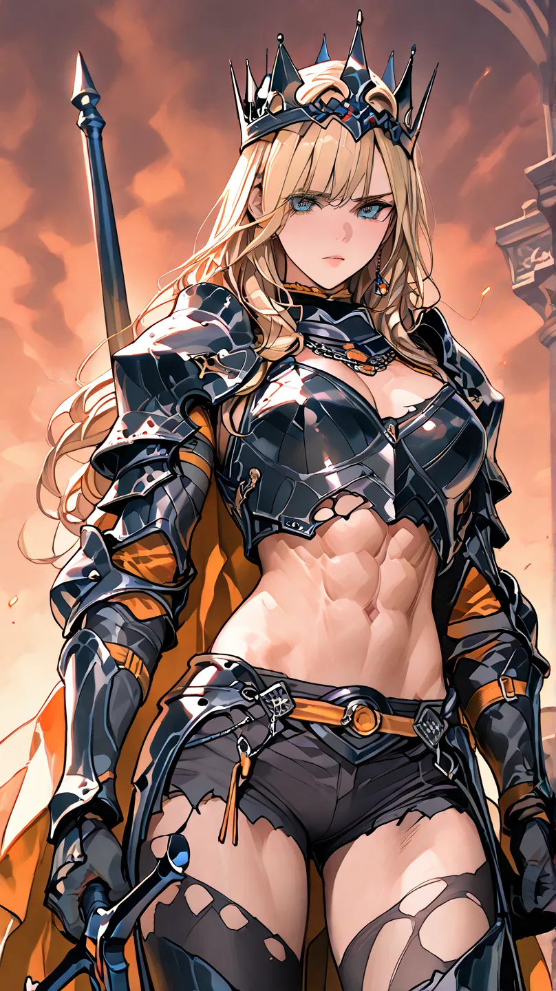 , BLONDE WOMAN, black armor, Black pointed tiara crown, black sword with orange foil, bright orange details on the armor, abs outside, visible abdomen, exposed abs, short shorts, ripped black tights