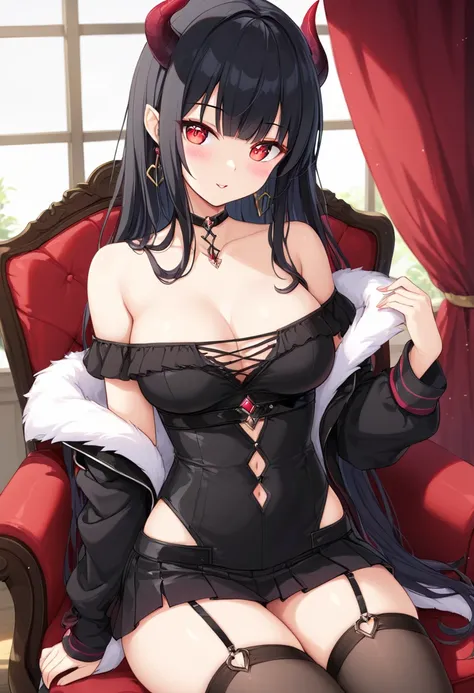 Sit on a chair、 pretty eyes、 black hair、 high definition、 short skirt、Off-the-shoulder clothing、 Demon King、 medium breasts、 black clothes、Beautiful images、8k
