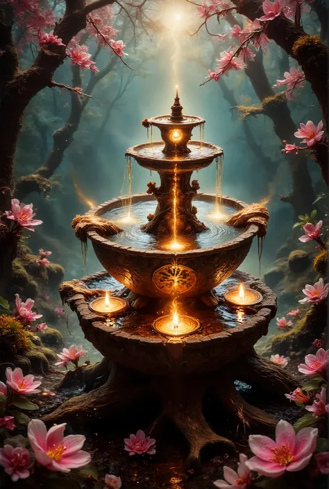 A beautifully detailed anime-style rendering of an ancient water fountain resting atop a sturdy, gnarled tree branch, its surface engraved with glowing magical runes and inlaid with shimmering gemstones. Soft candlelight flickers around it, casting a dream...