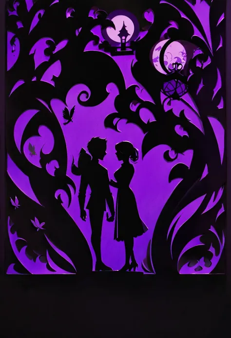 cutouts and shadow puppets on a black backing, depicting love between man and woman, and the light of a purple lantern.