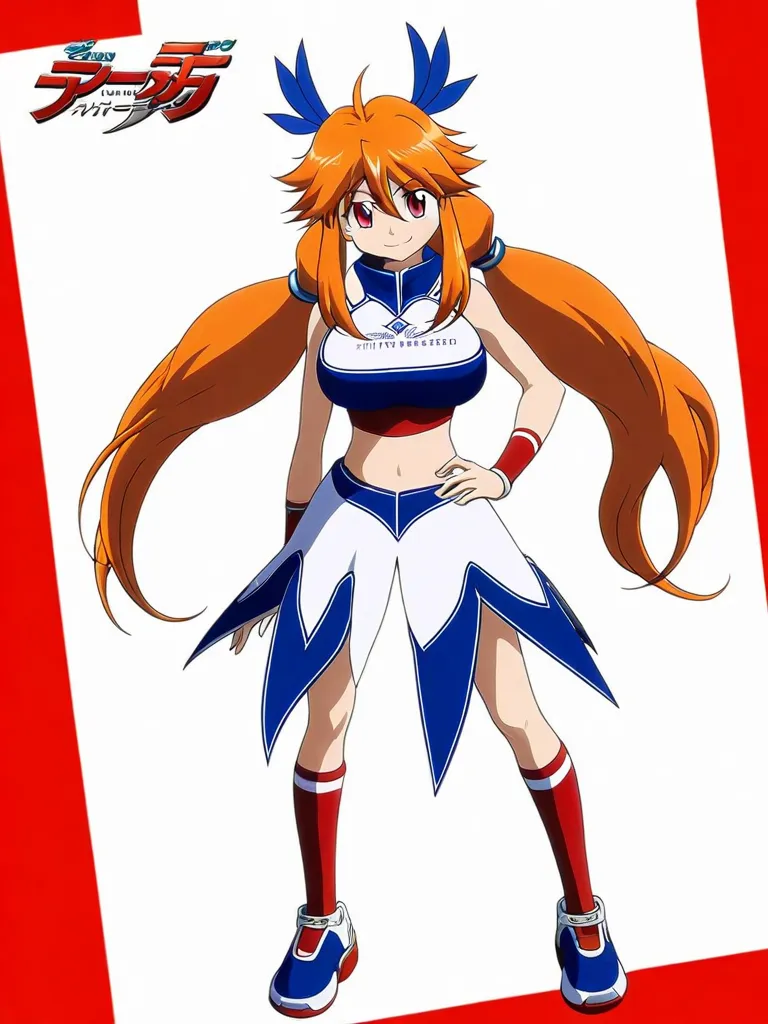  1girl ,Alone,Strong-willed,Winning spirit,midriff,sleeveless,orange hair,long hair,red eyes,slant eyes,hobby anime,anime,smile,big breasts,twintail,bangs,furturistic,furturistic clothes,full body,right hand on own hip,closed mouth,red and yellow shirts,ye...