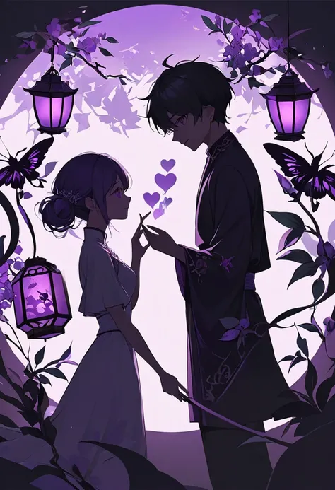 cutouts and shadow puppets on a black backing, depicting love between man and woman, and the light of a purple lantern.