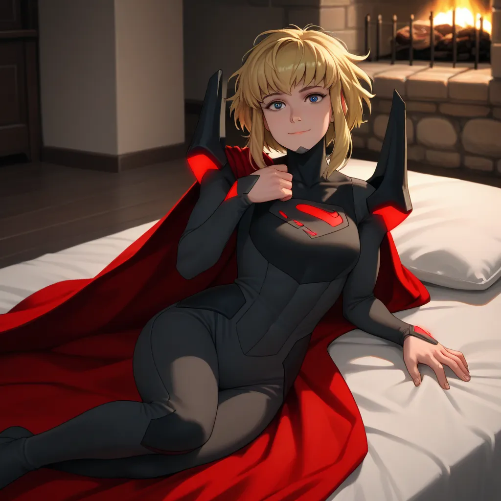 lying, on side, sidelay, fireplace, pillow, 1girl, solo, karazoreldef, short hair, blonde hair, medium breasts, toned, karazorelfit, red cape, red glow, black two-tone bodysuit, black shoulder armor, looking at viewer, horny, hot, flirty, attractive, teasi...