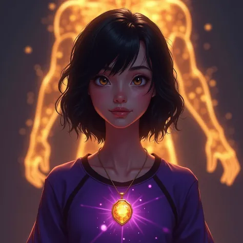 15-Year-Old Girl with Mystical Powers with Purple Reflections, Sportswear spill , behind the A larger figure with a golden aura in the shape of a medieval warrior with mystical touches , The figure behind him is blurred , On the girl's neck a necklace with...