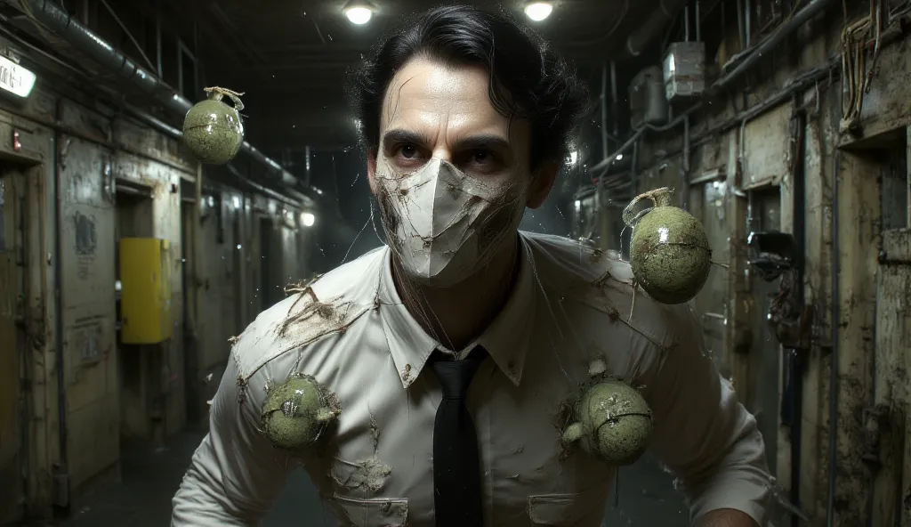 Retrofuturism. a man in a white shirt with a black tie, to which anti-personnel green grenades are attached. His face has a cracked white mask covering his mouth. He has black hair. He's insane. He runs through the sewers. darkness. horror