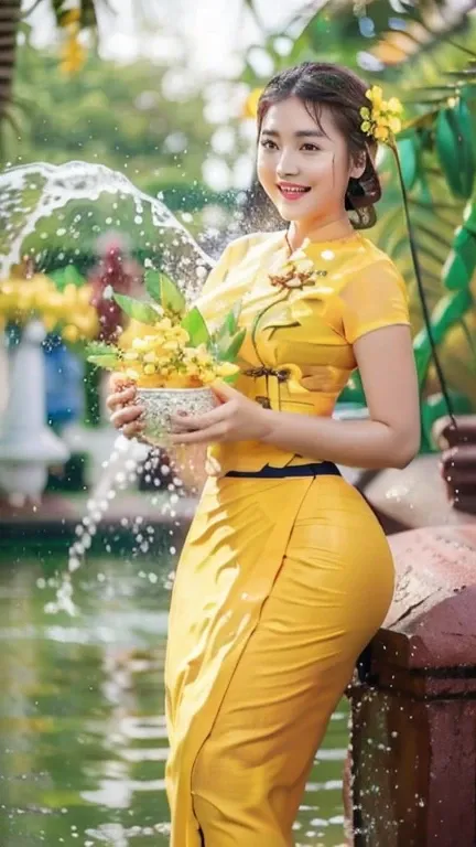 Burma's long-lasting body is full of sensuality, and the beauty of the body She has the prettiest smile on her face, highlighting her wet beauty and splashing water outline is too revealing. The long skirt she wears highlights her high hips. The beauty und...