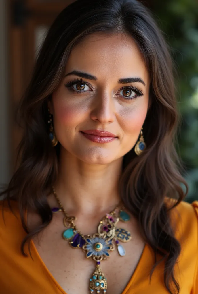  an arafed woman with a necklace and a necklace around her neck, portrait photo, Photo of a woman,  wearing several pendants , woman with porcelain skin, I had a photo, Portrait of a 32-year-old woman, Malika Favre, 50mm portrait, Close-up of full face , M...