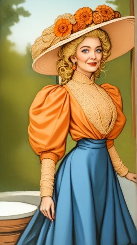 Year 1899. Betty Cooper as a sexy 15yo blonde of the 1890s flirting with an elderly gentleman. 1890_dr3ss. Blue high-collar gown with long puff sleeves, wide-brimmed hat with orange flowers, long hair in loose curls