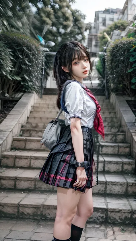 a beautiful 18 year old Japanese high school girl with perfect anatomy, healthy thighs, beautiful legs, beautiful skin, random hair color and style, large breasts, (wearing a Japanese schoolgirl uniform:1.3), (she is standing:1.2), penny loafers, holding a...