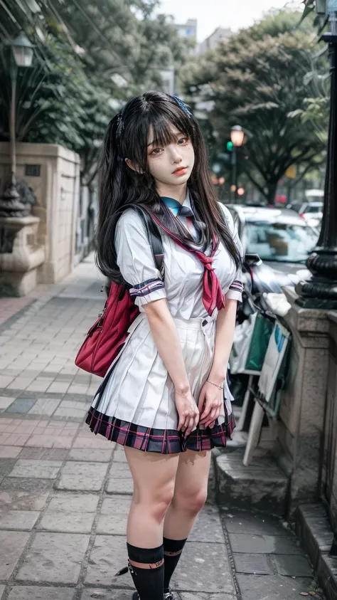 a beautiful 18 year old Japanese high school girl with perfect anatomy, healthy thighs, beautiful legs, beautiful skin, random hair color and style, large breasts, (wearing a Japanese schoolgirl uniform:1.3), (she is standing:1.2), penny loafers, holding a...