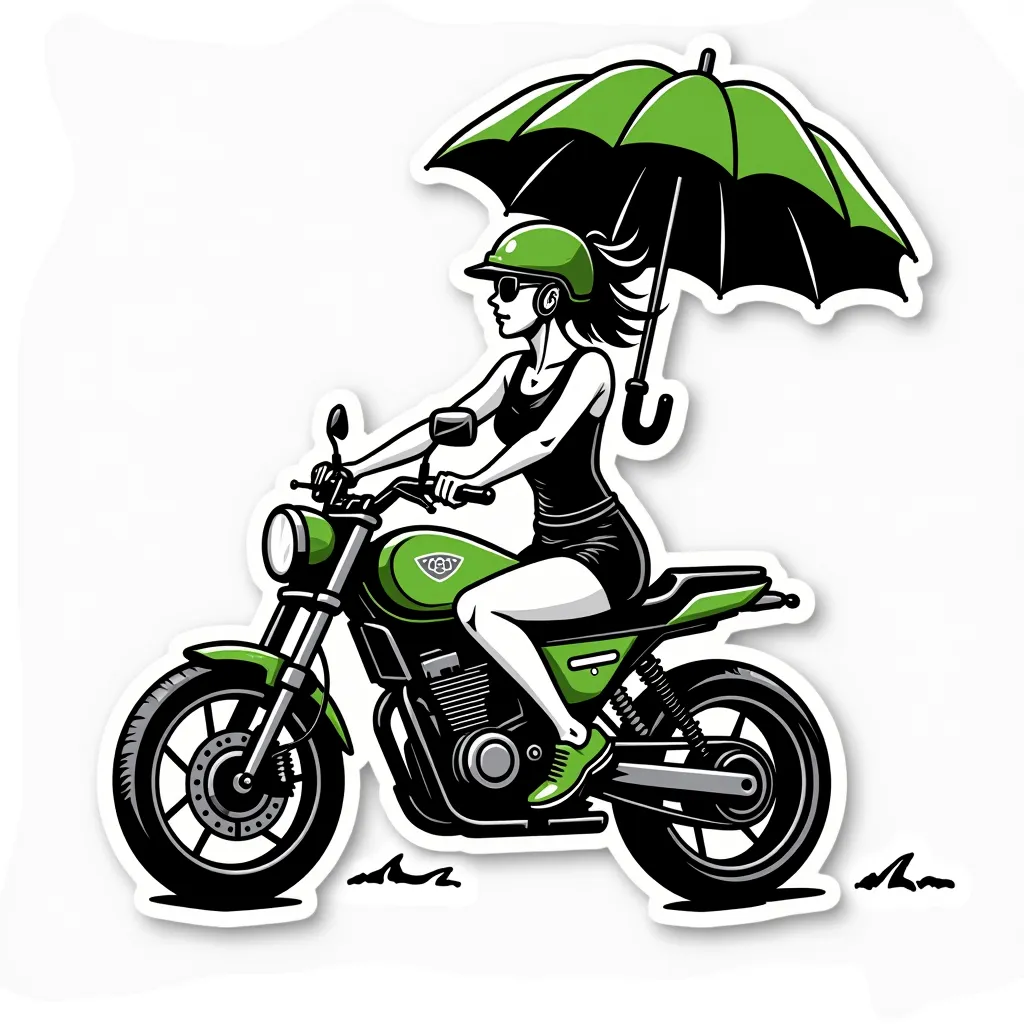 A black and white outline illustration of a woman riding a sleek green and black motorcycle while holding an open umbrella. The lines should be clean and bold, with minimal shading, making it suitable for stickers. The design should capture motion and ener...