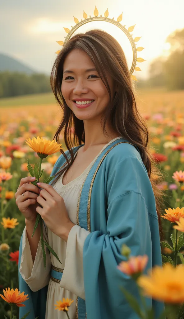 (photorealism:1.2), Front photo of a saint with features 
Of a Western woman smiling serenely , Beautiful in a wonderful field picking flowers , wearing a halo and a blue cloak with white  