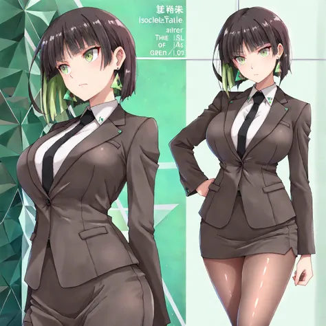 masterpiece, (((( best quality )))),1 girl, Japanese Anime ,character profilele,shiny skin, wearing a black suit,skirt suit, black tie , dark hair, short bob hair,The inner color of the hair is green, green eyes,isosceles triangle earrings, black tights,la...