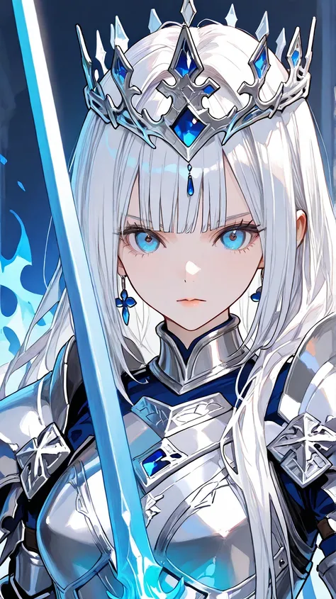  Woman ,  white hair, long hair,  bob style hair , straight bangs,  blue eyes, silver pointed crown with blue flames, Blue flames in the crown, silver and white armor with bright blue details, silver sword with bright blue details, blue flame on the sword