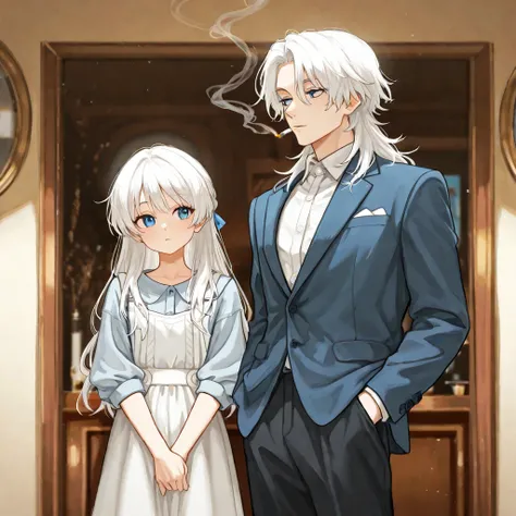 A delicate and serene anime-stnyle male character with short, slightly messy white hair and striking blue eyes. He is wearing a modern stylish outfit, consisting of a white dress shirt with a light blue jacket and dark pants. The background is in the bar. ...