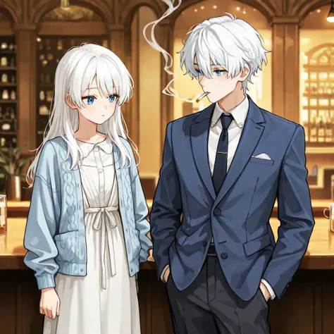 A delicate and serene anime-stnyle male character with short, slightly messy white hair and striking blue eyes. He is wearing a modern stylish outfit, consisting of a white dress shirt with a light blue jacket and dark pants. The background is in the bar. ...