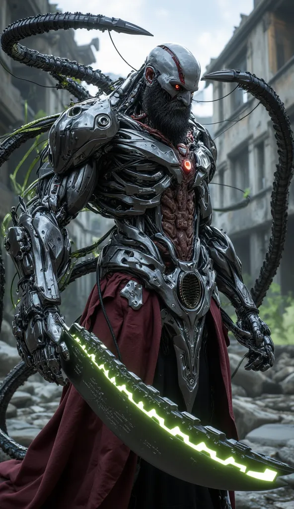 Hyper realistic image. High quality, 8K Ultra HD. Imagine Kratos, the God of War, in the setting of a destroyed ancient Greek city. is a robotic monster. His face retains his beard, but is interwoven with metallic fiber cables and sensors that blink in syn...