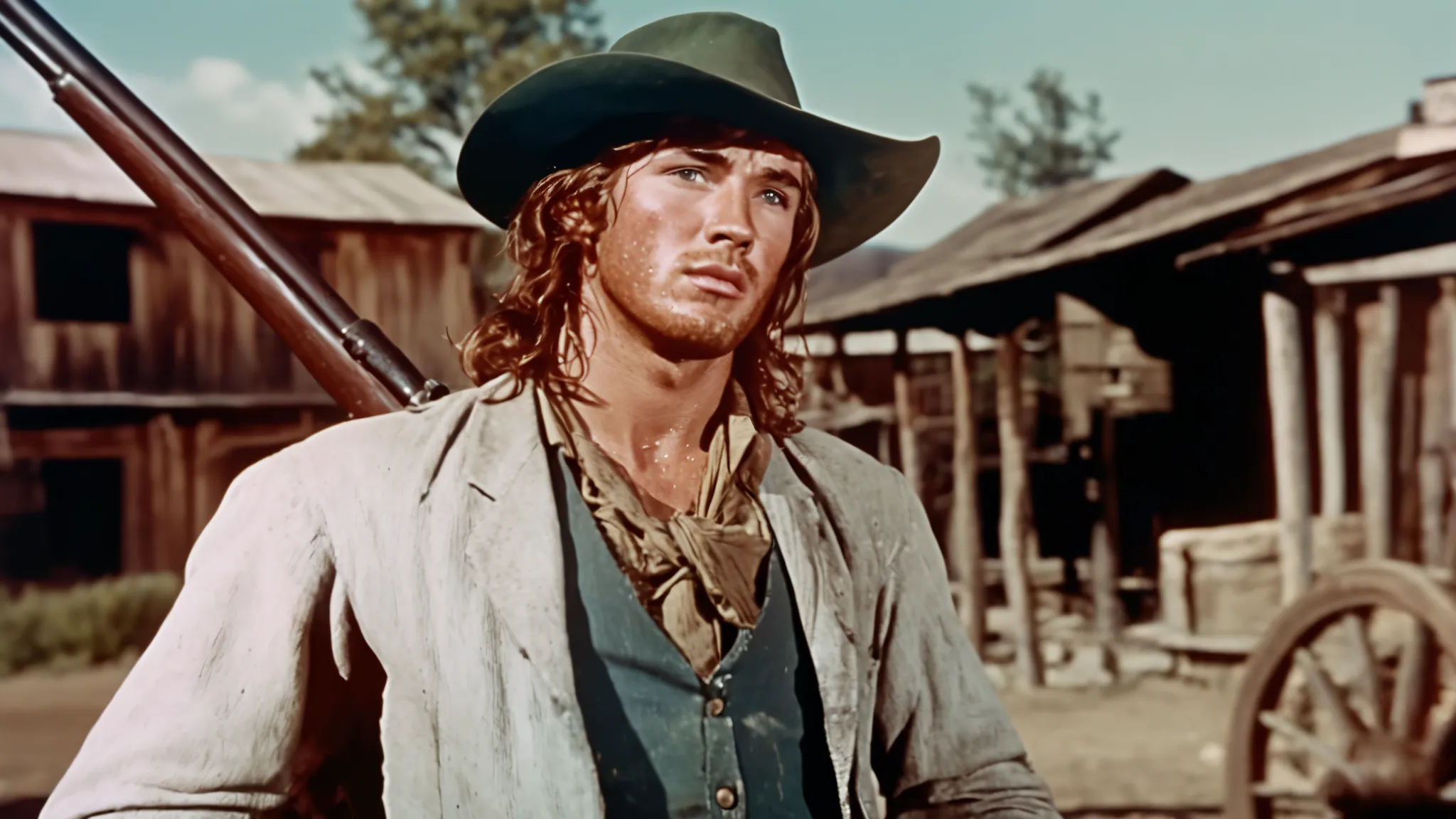 a dirty rough young man with a stumble, 1950's super panavision 70 movie, 4k detailed, old movie, realism, ultra realistic, retro in color, grainy film, western, bokeh, rich and saturated colors, dramatic lighting