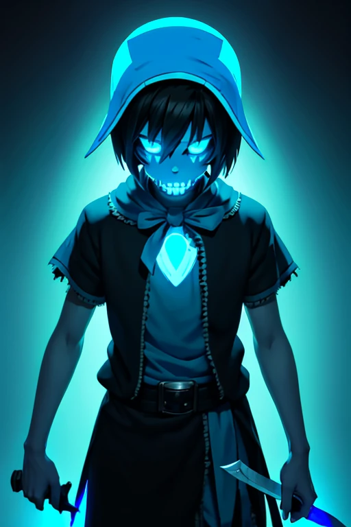 UNDERTALE, human girl, blue ribbon on his head, toy knife in hand, cyan soul, spooky, patience