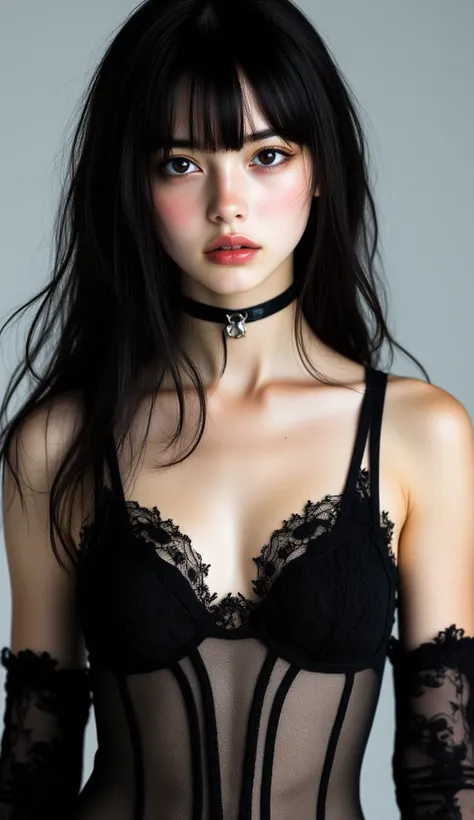 8k, masterpiece, highest quality, Close-up,  woman,  long, black, hair, bangs, black, lace, bodysuit, cutout, straps, sheer, delicate, fabric, long, black, fingerless, gloves, fair, skin, neutral, expression, hands, face, body, black, choker, necklace, pla...