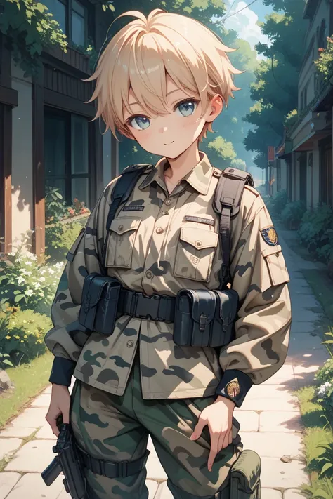 Camouflage　Boy in military uniform　 small　 petite figure　 cute　 waist pouch　Camouflageリュックサック