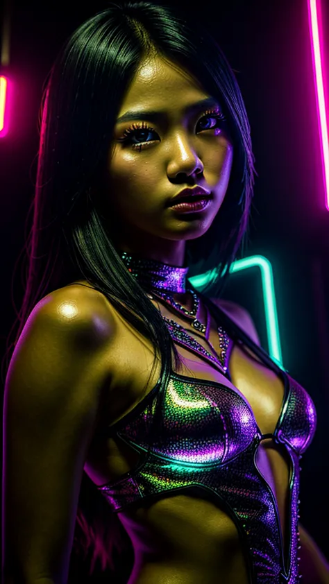 A beautiful Thai girl, detailed face, piercing eyes, full lips, glowing skin, fantasy outfit, dark nightclub environment, dramatic lighting, dramatic pose, flash photography, high-quality, photorealistic, ultra-detailed, masterpiece, cinematic, moody atmos...