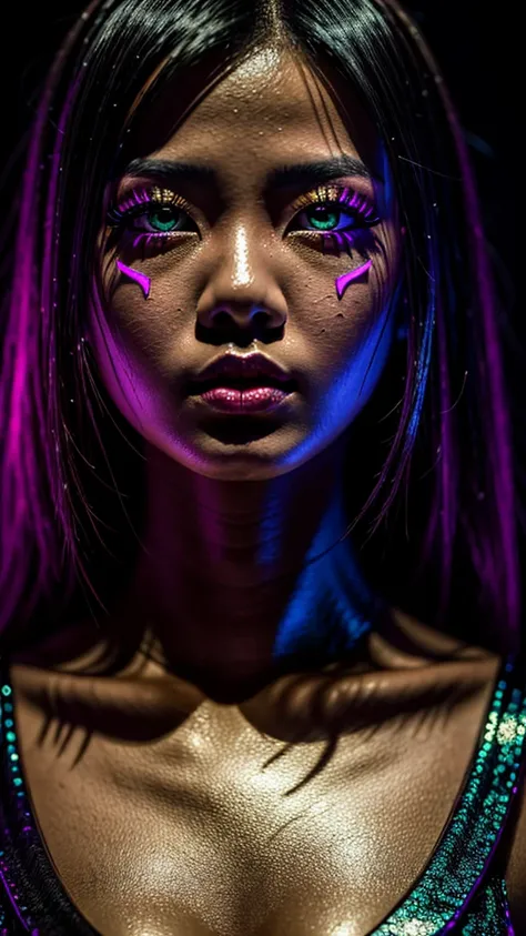 A beautiful Thai girl, detailed face, piercing eyes, full lips, glowing skin, fantasy outfit, dark nightclub environment, dramatic lighting, dramatic pose, flash photography, high-quality, photorealistic, ultra-detailed, masterpiece, cinematic, moody atmos...