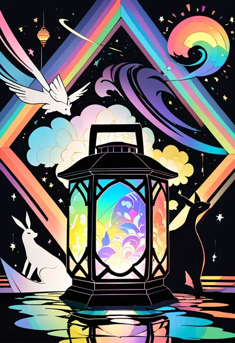 cutouts and shadow puppets on a black backing, revolving lantern by flashback, and the light of a fluorescent iridescent rainbow color lantern.