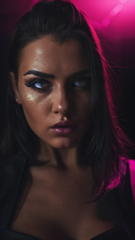 a girl in a dark nightclub,fantasy outfit,dramatic lighting,flash photography,detailed facial features,beautiful detailed eyes,beautiful detailed lips,extremely detailed eyes and face,longeyes lashes,dramatic pose,dramatic expression,high contrast,vivid co...