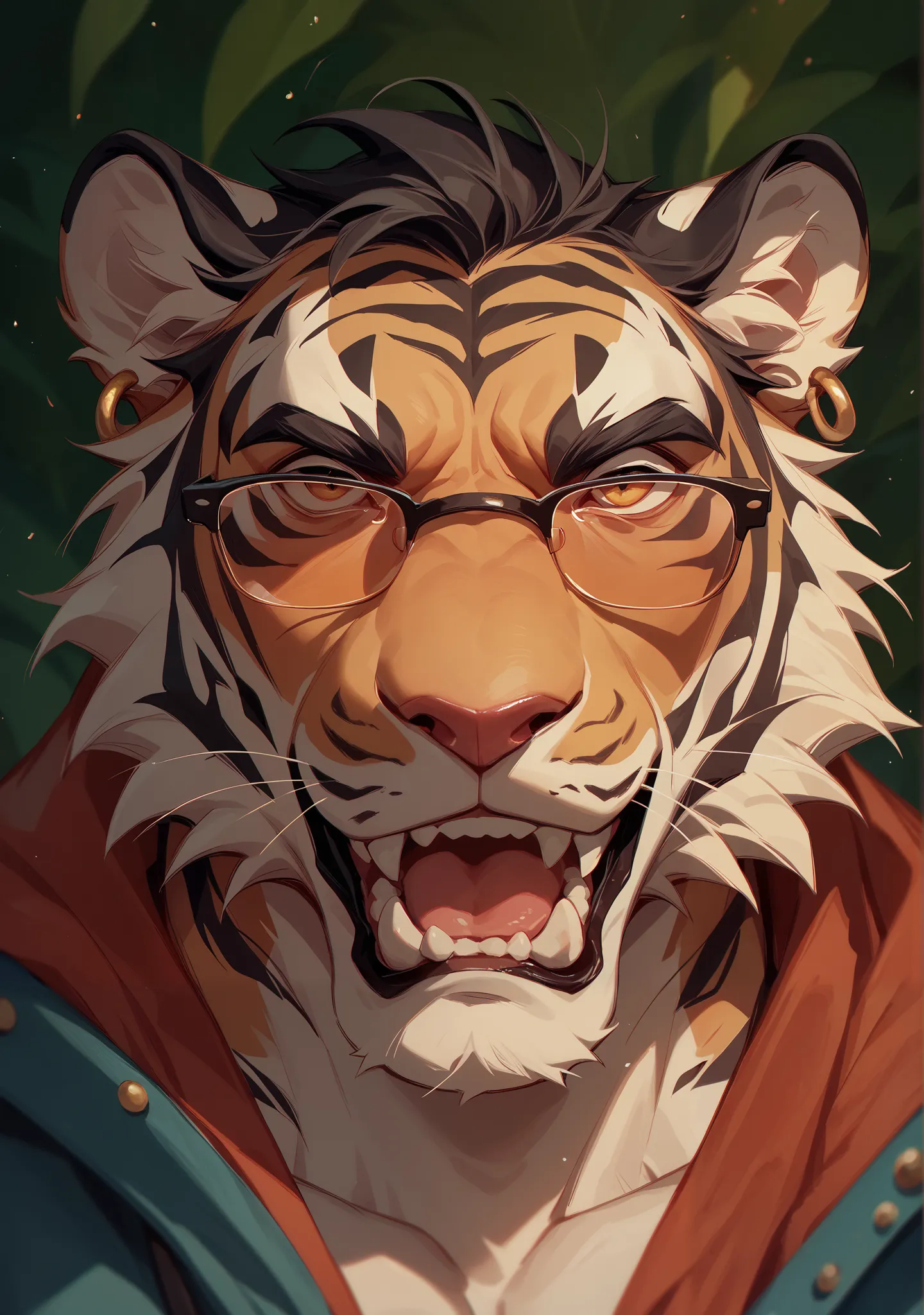  Best Quality,  high quality, Ultra High Resolution, Fine eyes, Exquisite Face ,tiger，Glasses, Earrings,Rough,Uncle