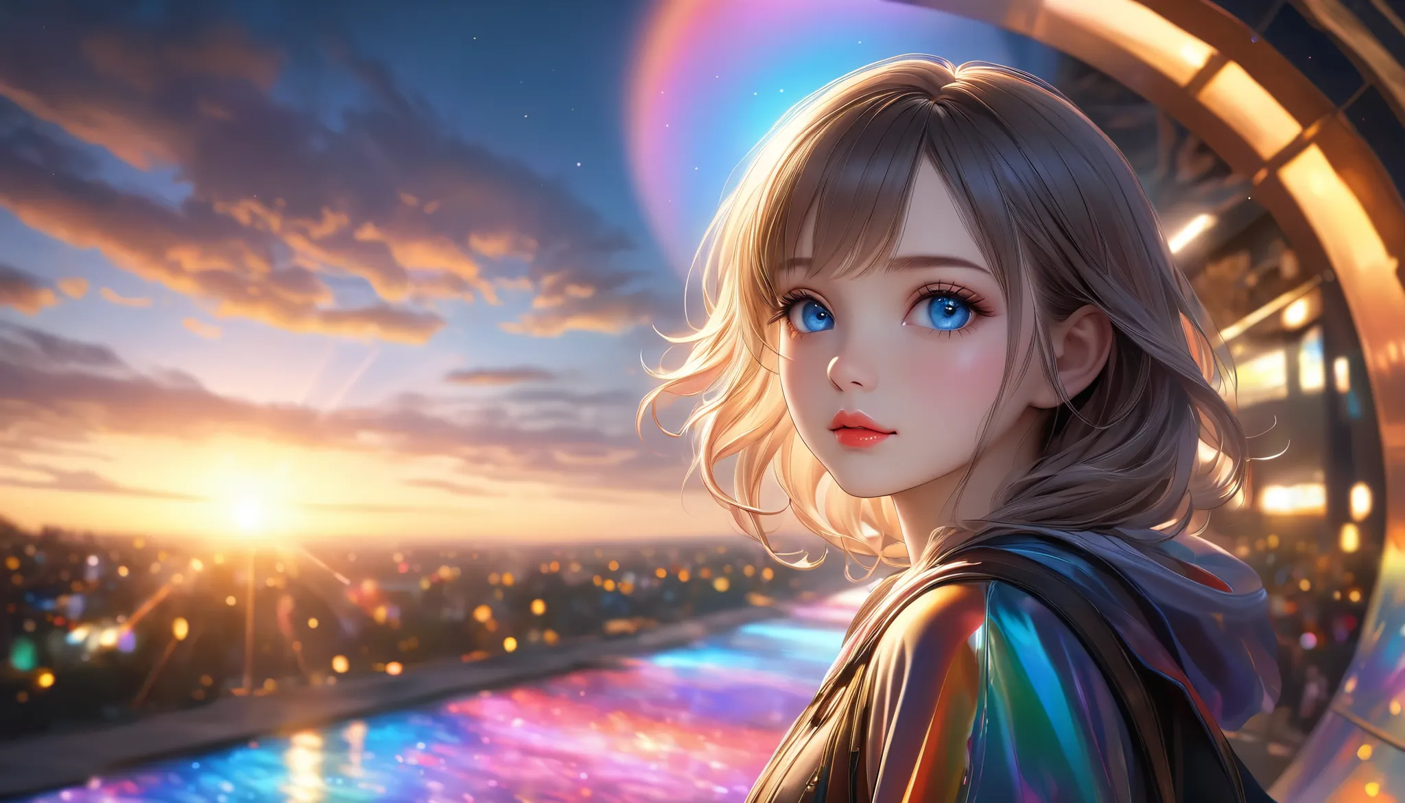 (masterpiece, best quality:1.2), 1girl, dolshy, solo, pensive girl at sunset, clouds parting to reveal a shaft of light, gazing, bright multicolored transparent path of hope leading to a bright future, ARW, detailed eyes, detailed lips, extremely detailed ...