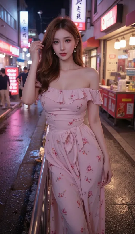 Hyperrealistic 8K full body of a female model.

BACKGROUND & SETTINGS:
- Neon-lit alleyway with glowing signs in Japanese, steam rising from food stalls.  
- Narrow street with bustling pedestrians, traditional ramen shops, and convenience stores.  
- Cool...