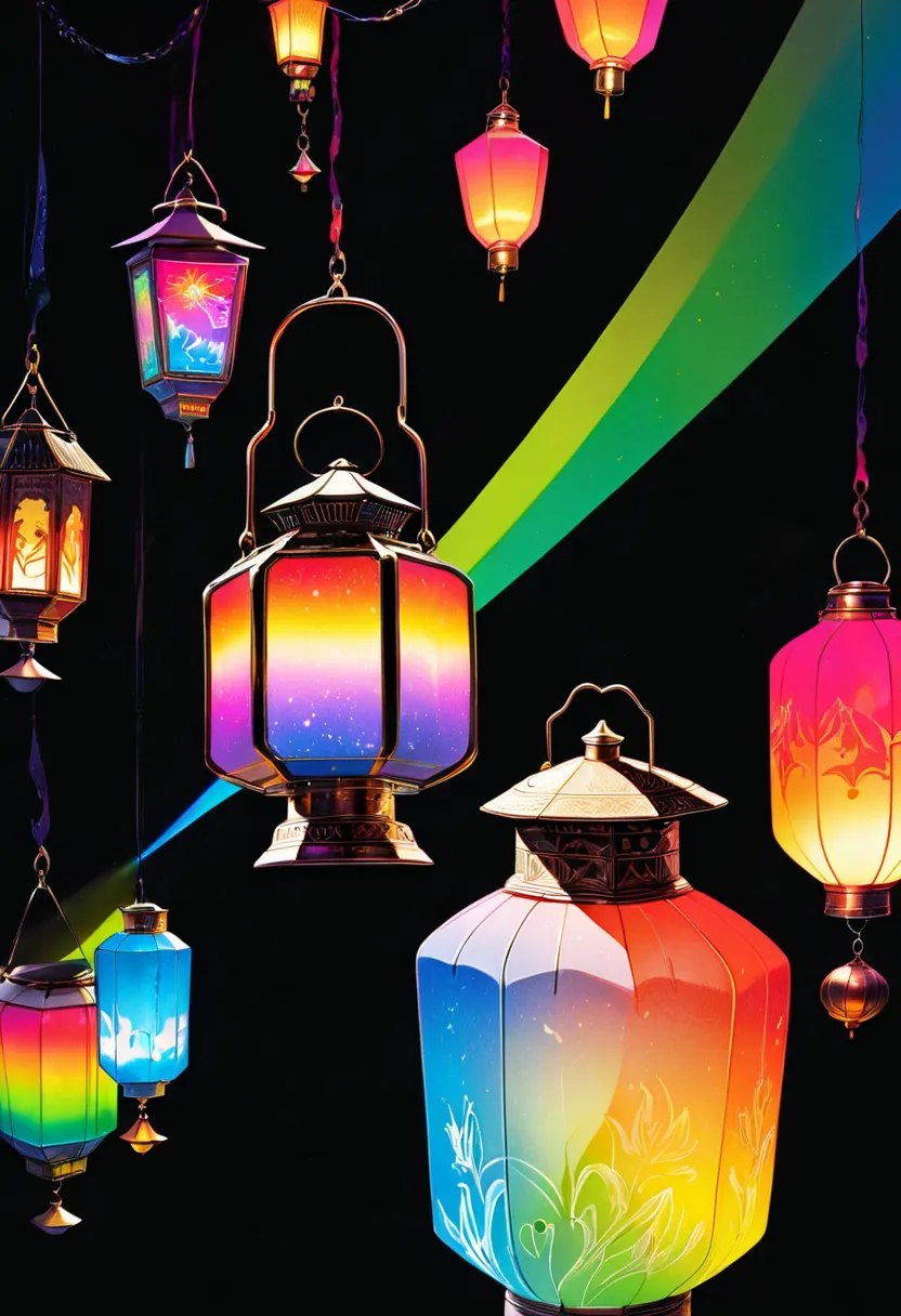 cutouts and shadow puppets on a black backing, revolving lantern by flashback, and the light of a fluorescent iridescent rainbow color lantern.