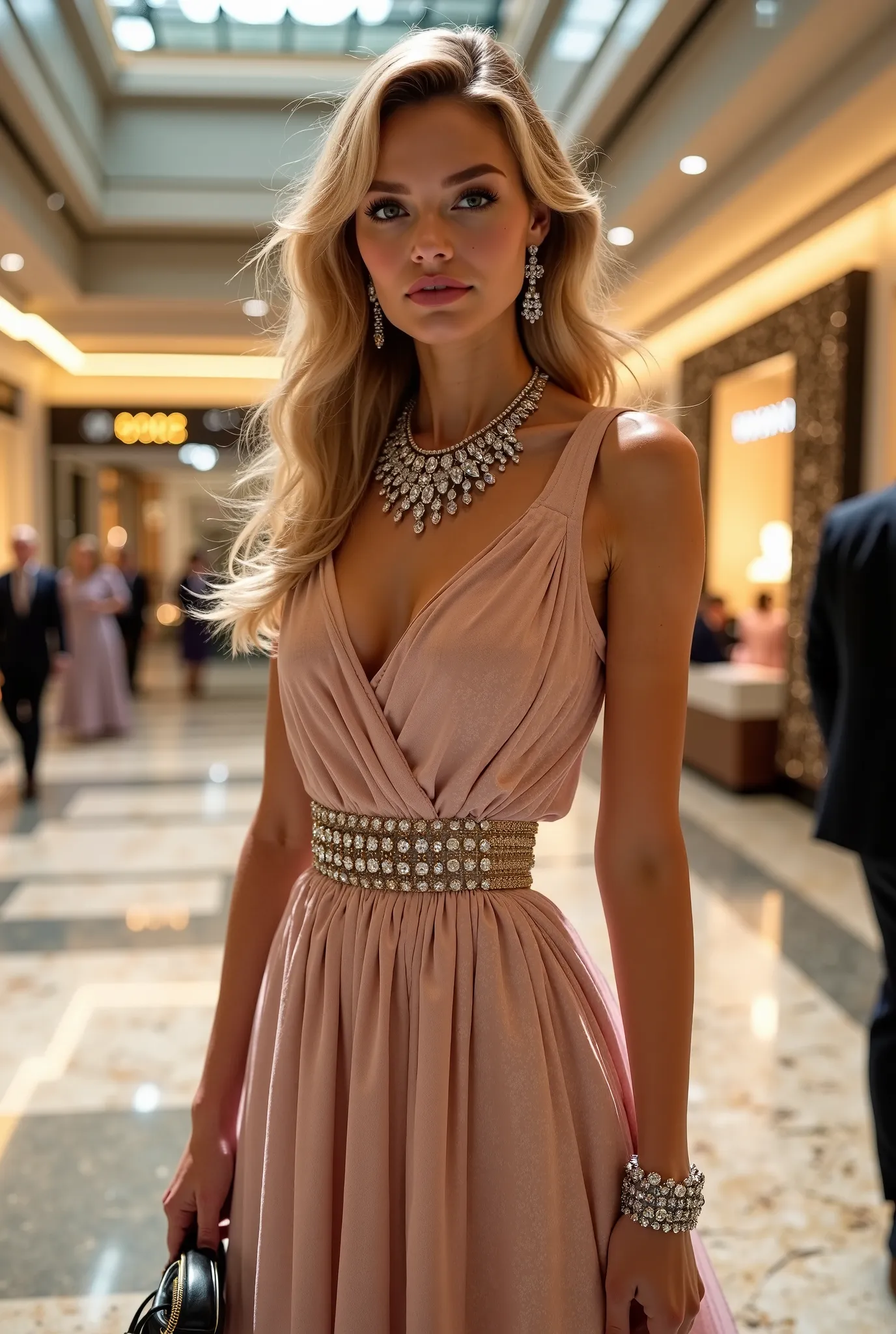 Draw a woman with model Victoria Turner’s face and she is wearing a fancy Giorgio Armani style dress standing in a luxury shopping mall with a handbag in her hand, she has white skin color and blonde hair, she is wearing Jewelry