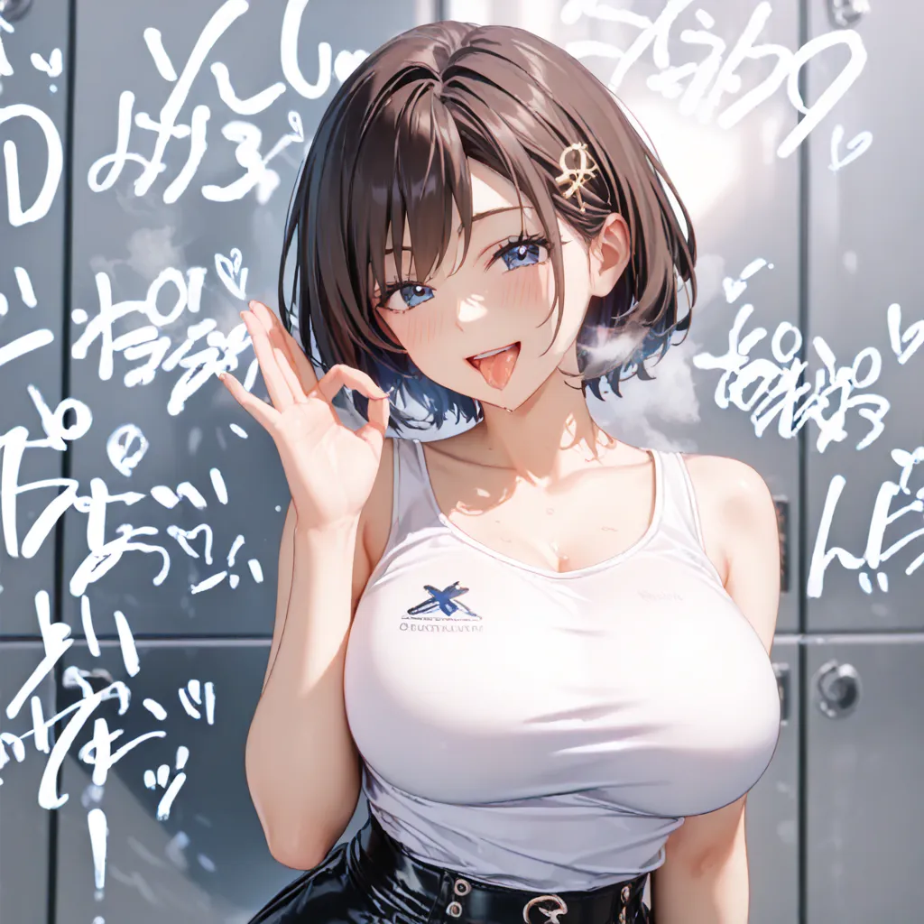 detailed background、 detailed person、high resolution, 32K,   realistic depiction 、 Masterpiece、 score_9,  score_8_ and ,  score_7_ and ,  score_6_ and ,  mature woman, {{ Super Big Breasts }}, curve,  short hair ,  blue eyes,  white shirt, tank top、( hand ...