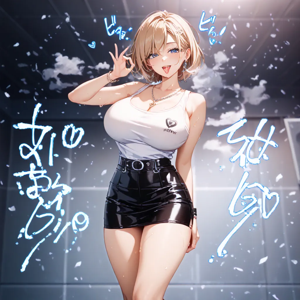 detailed background、 detailed person、high resolution, 32K,   realistic depiction 、 Masterpiece、 score_9,  score_8_ and ,  score_7_ and ,  score_6_ and ,  mature woman, {{ Super Big Breasts }}, curve,  short hair ,  blue eyes,  white shirt, tank top、( hand ...