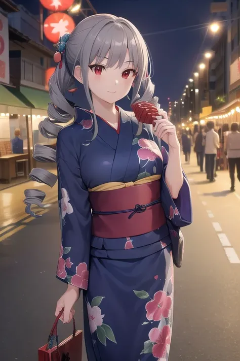 Kanzaki, early, (  drill hair :1.5), gray hair,  long hair,  pale skin on a street car, ( red eyes:1.5),  twin drill,
、(Navy blue yukata:1.3)、Floral Yukata、Summer Festival、 are crowded with lots of people、food stalls are lined up、  big smile、Have a fan、 se...