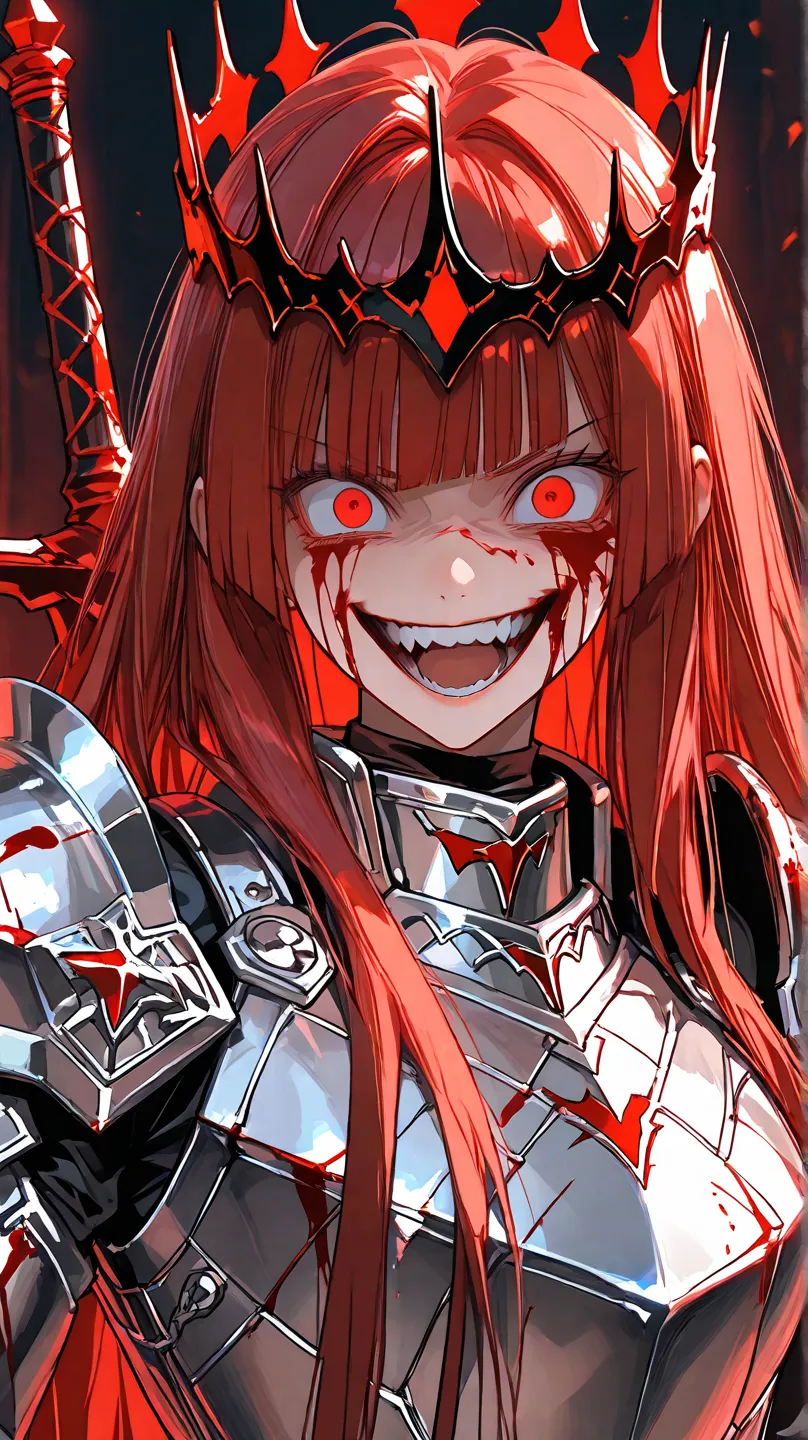  red hair, long hair,  bob style hair , straight bangs, bloody silver armor, bloodied face,  red eyes, crazy smile, blue sword with bright red details, shiny blood crown