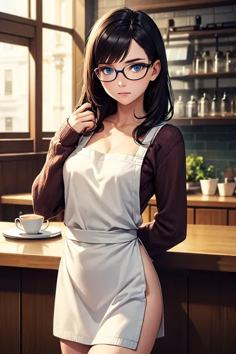 solo,woman, Wearing a nude apron,I wore a sweater that would kill a,, black hair, Silver glasses, small tits,Exposed chest,Cafe Background,high resolution,  Masterpiece, accurate, top quality, very detailed,  textured skin,  blue eyes, 