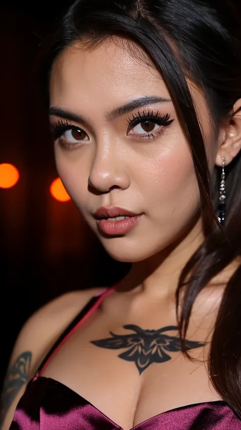 A Thai girl poses sexy in a nightclub, the environment is dark and the photo is taken with flash, realistic photo, sexy Thai girl, her face is sexy and photo is realistic, girl is 30 years old dark skin and tattoo she look camera 