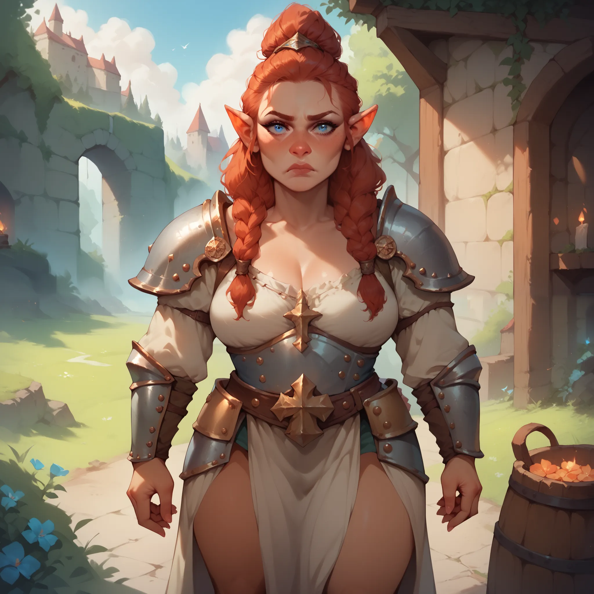 a dwarf with red hair and blue eyes. she is wearing captains armor. she looks sad and depressed as she stares at you while standing outside a castle.