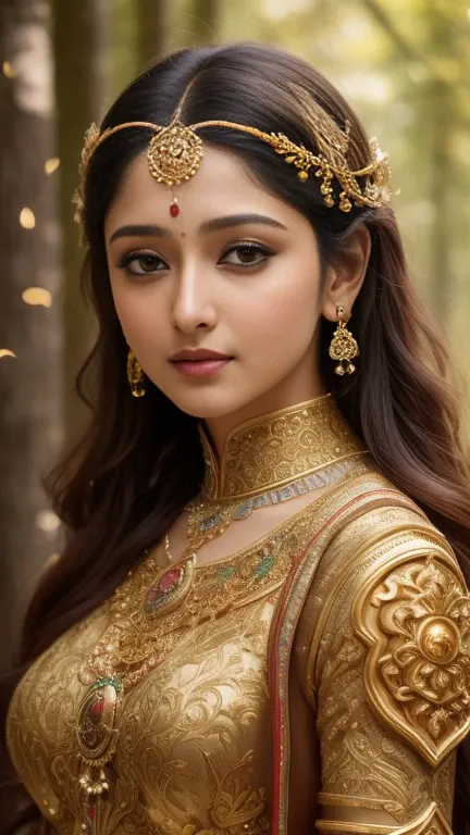 Face mix of Anushka Shetty and Nayanthara, a masterpiece ultrarealistic ultradetailed portrait of a beautiful girl in incredible goledn armor. baroque renaissance. in forest. medium shot, intricate, elegant, highly detailed. trending on artstation, digital...