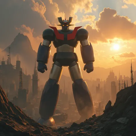 Mazinger Z with huge black and silver limbs  ,   a very realistic version of Mazinger Z and is 100 meters tall,Shoot at the scattered light of a destroyed city 、 the sun shines　 Mount Fuji　